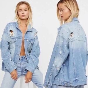 Oversized Free People Sunday Funday Pearl Jean Denim Distressed Jacket